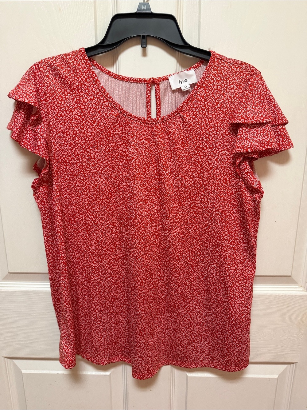 Red Floral Flutter-Sleeve Blouse, Size M
